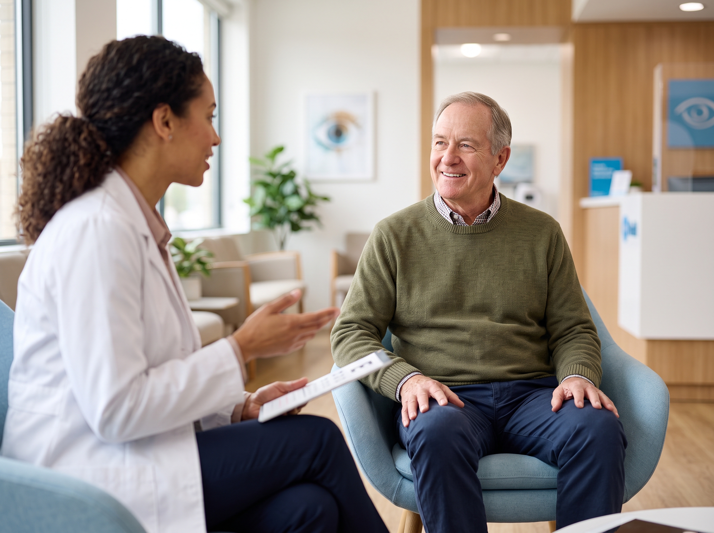 Eye doctor in consultation with a smiling older man in a clinic waiting area
